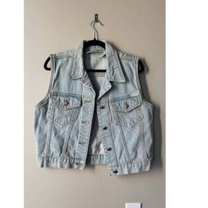 Vintage Bill Blass Denim Vest M Light Wash 90s Grunge Western Boho Cottagecore
